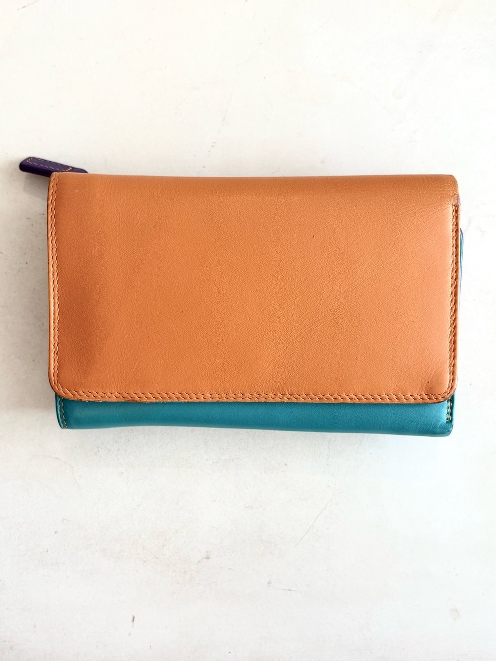 Two-Tone Leather Wallet in Tan and Teal